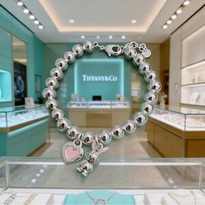 Tiffany & Co. Silver Beaded Bracelet with Pink Heart and Bunny Charms